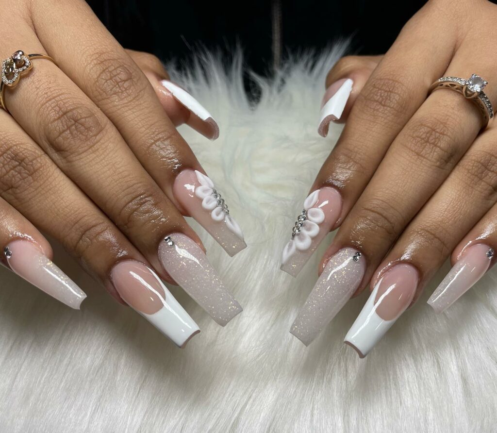 Glossy White Nails Featuring 3D Florals