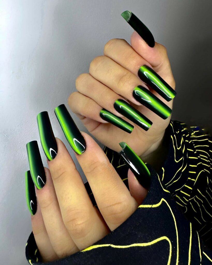 Long Green And Black Square Nails