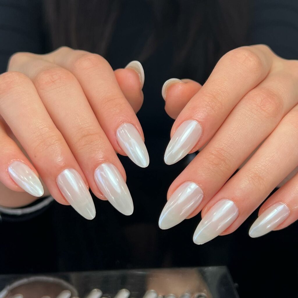 Almond-Shaped Chrome White Nails