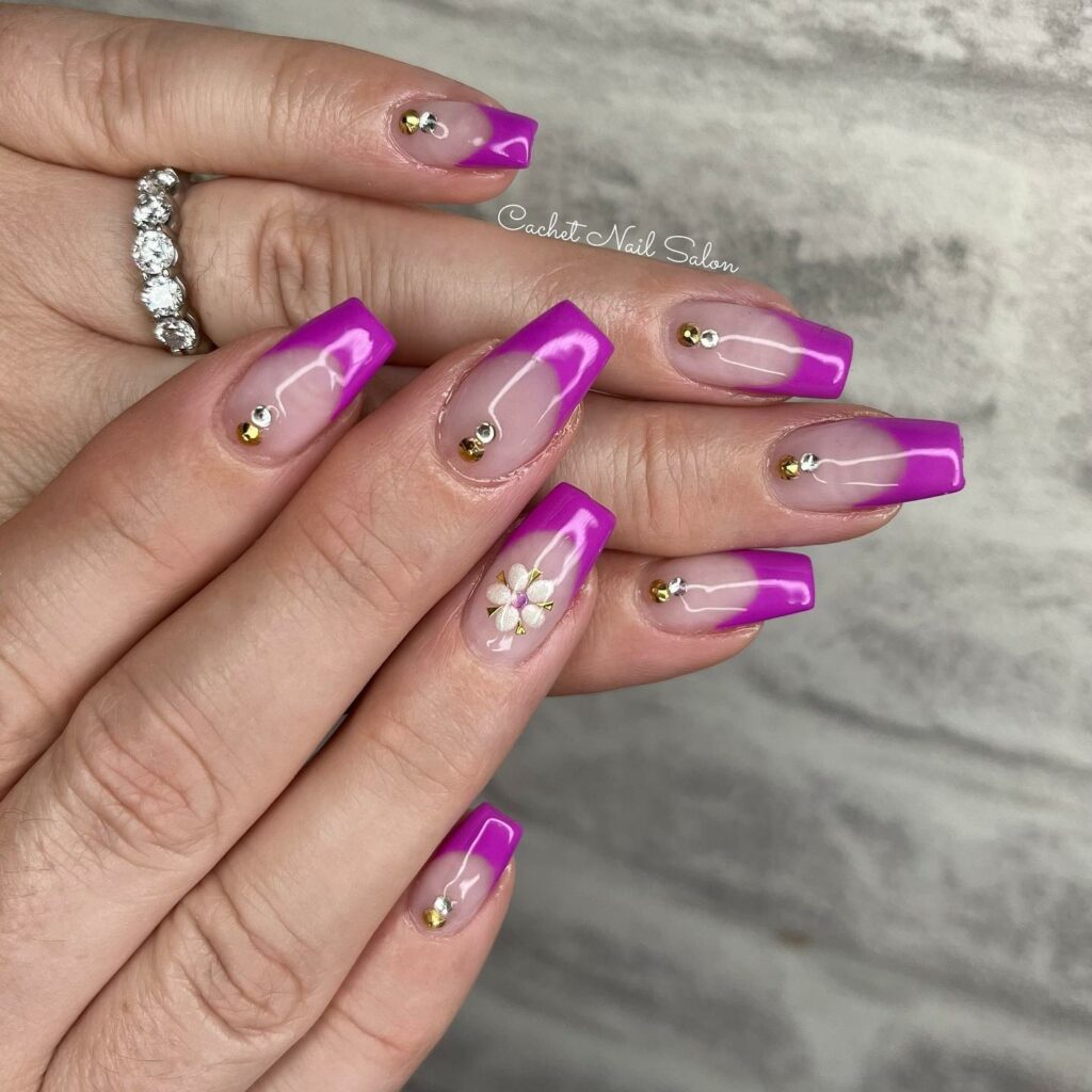 Small Purple Coffin French Nail With Rhinestones