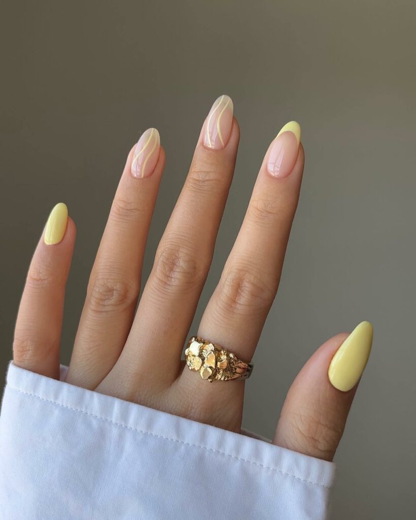 Sunshine French Almond Nails With Thin Sunray Design