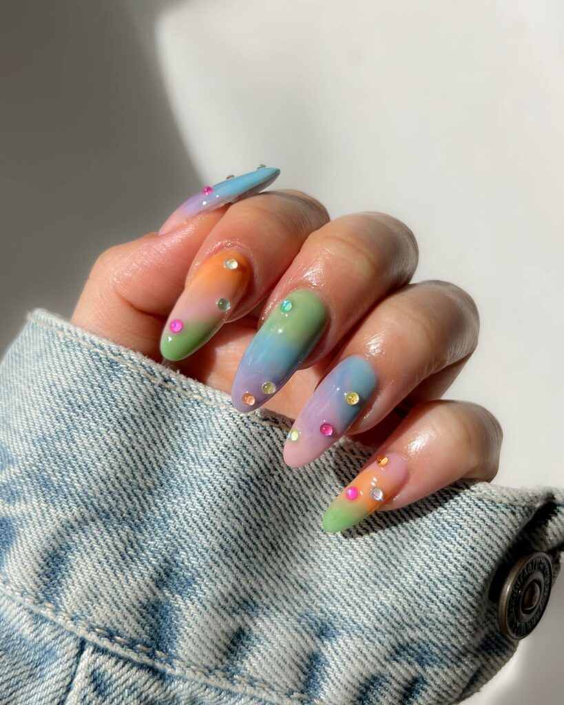 Colorful Cotton Candy Nails With Colorful Pearls
