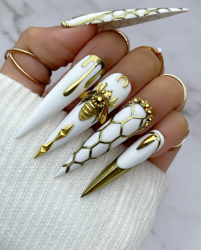 Glam Stiletto White And Gold French Nails