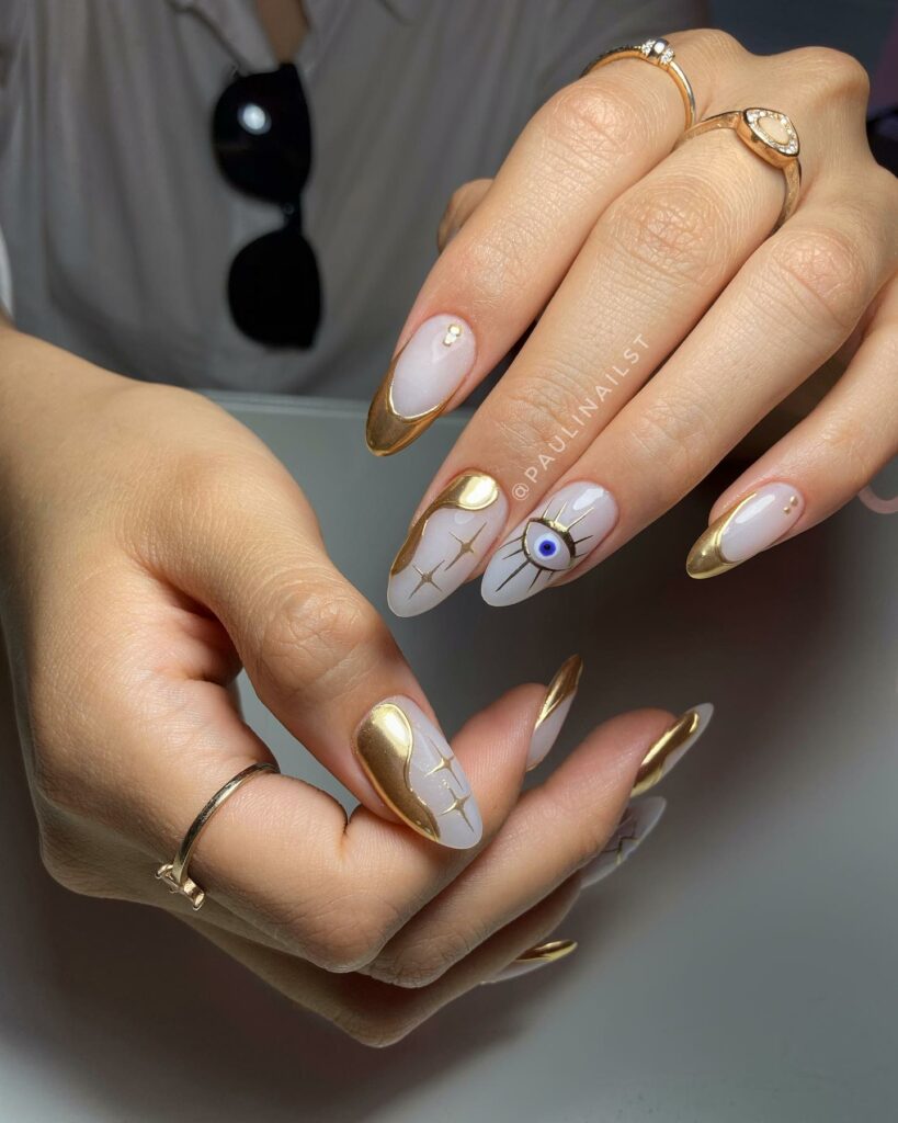 Abstract Gold French Nails With Evil Eye