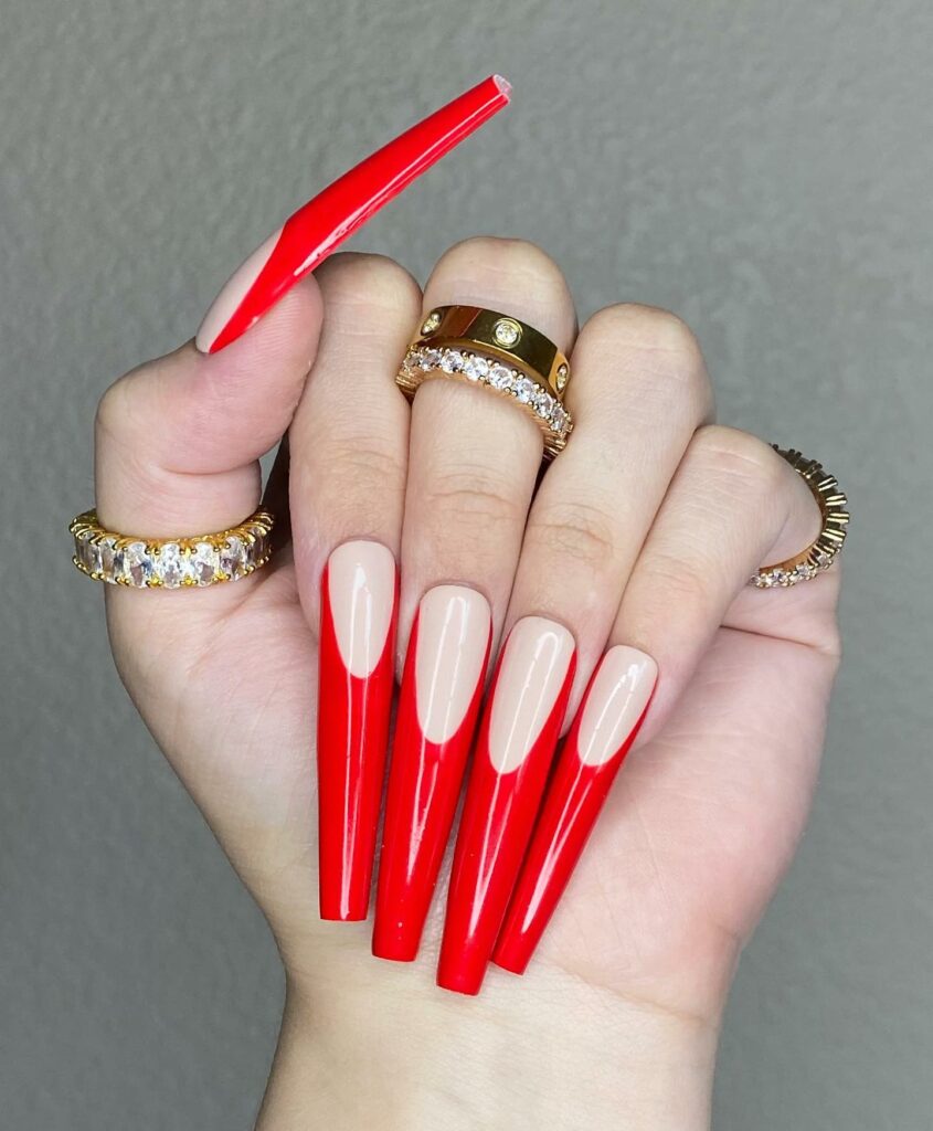 Long Coffin Red French Nails