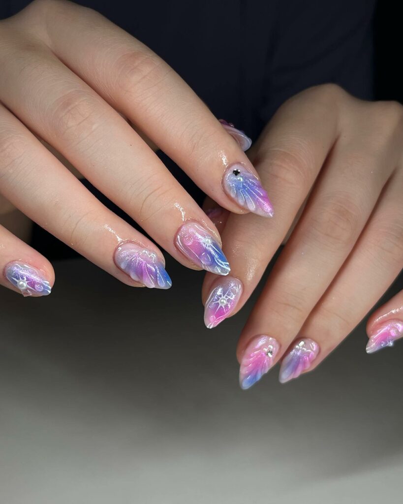 Bubble Design On Pink And Blue Ombre Nails