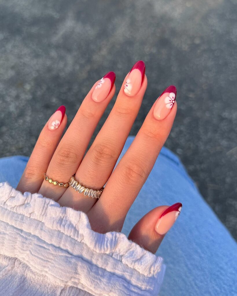 Red French Almond Nails With Flower