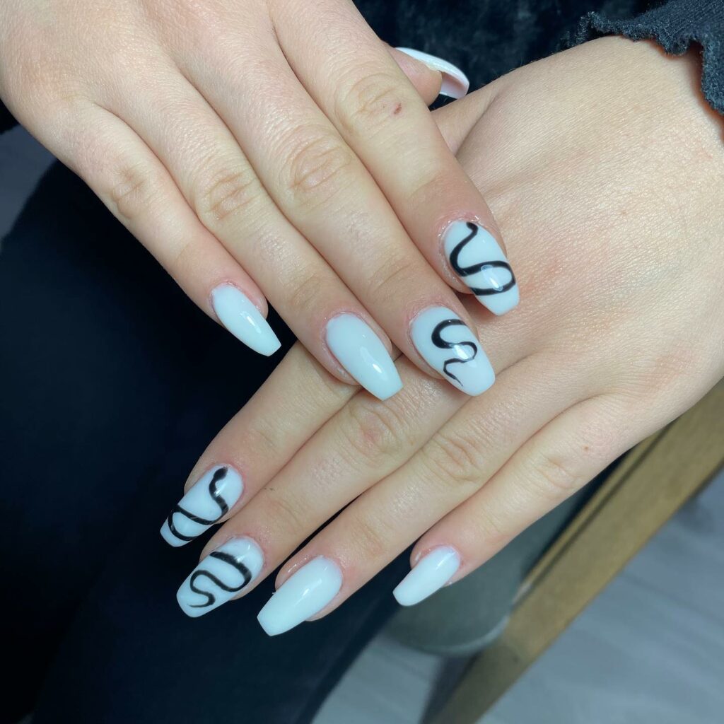 Black Snake On White Coffin Nails
