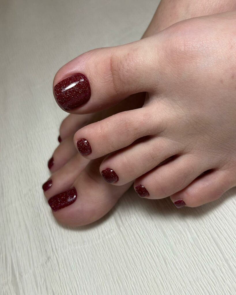Small Burgundy Pedicure With Glitters