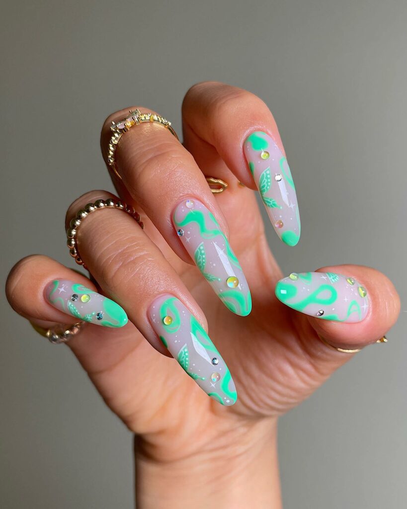 Lime Green Nails With Bubbles Design