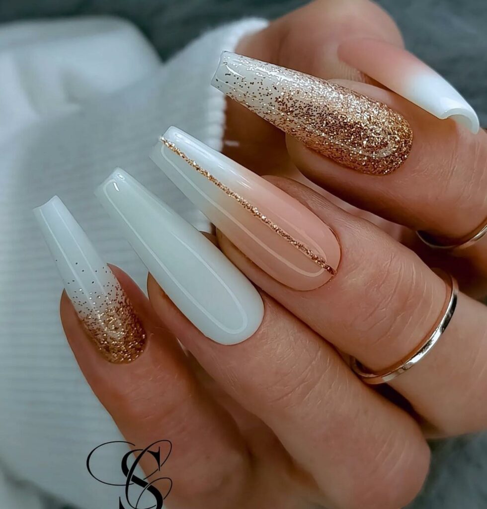 White Ombre Coffin Nail With Gold Glitters