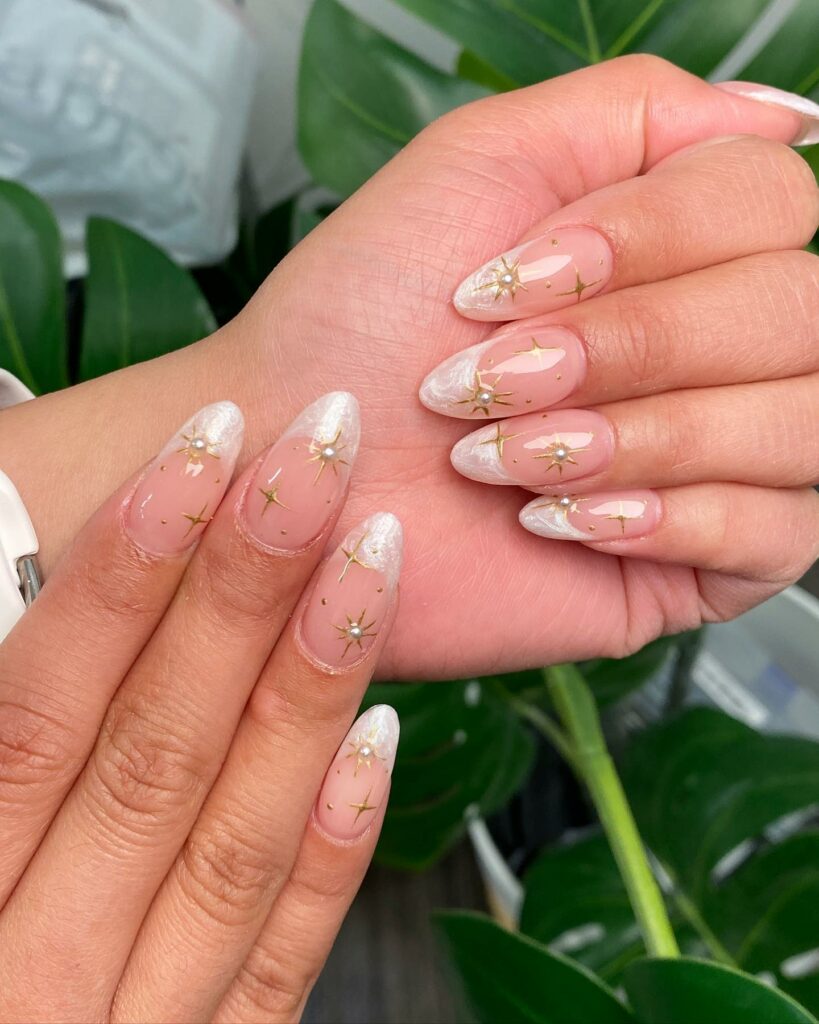 Nude And White French Chrome Nails With Pearls Design