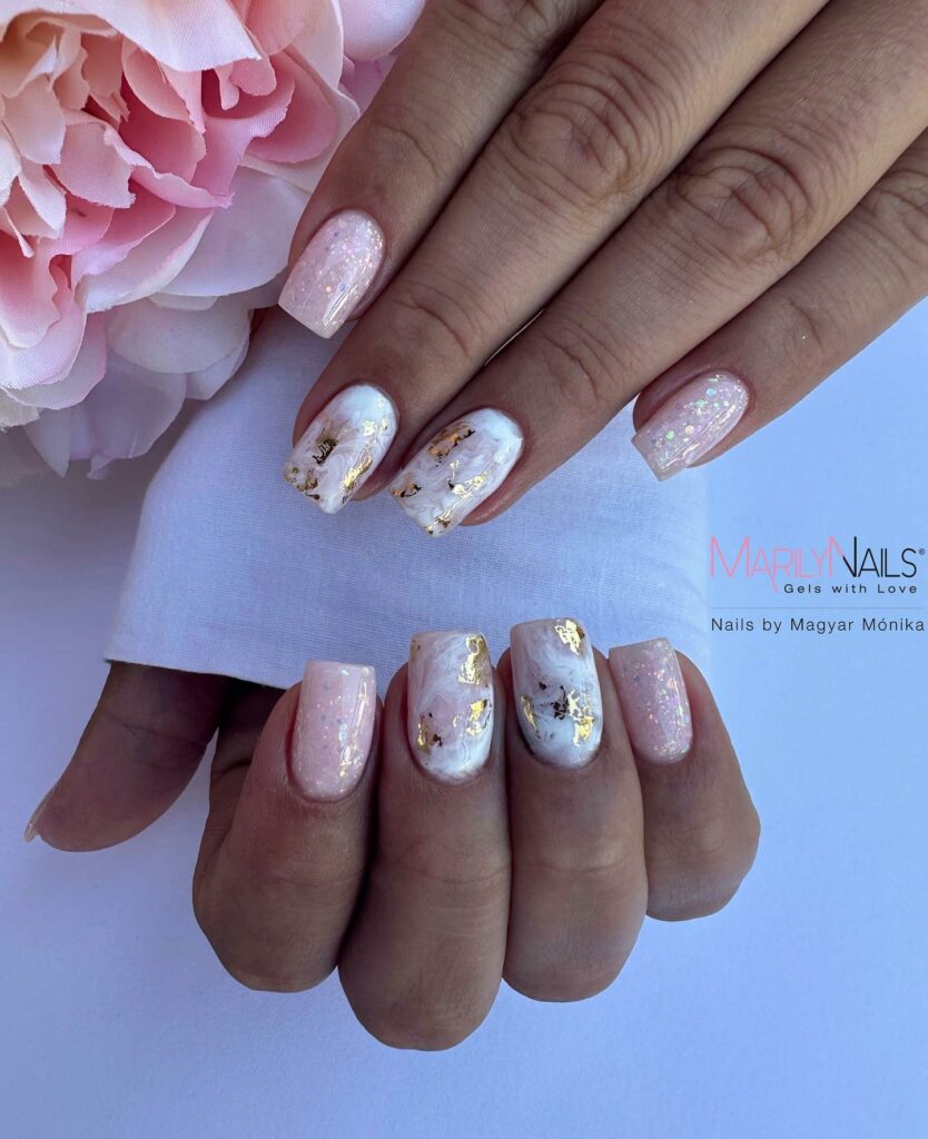 White And Pink Marble Nails With Gold Foils