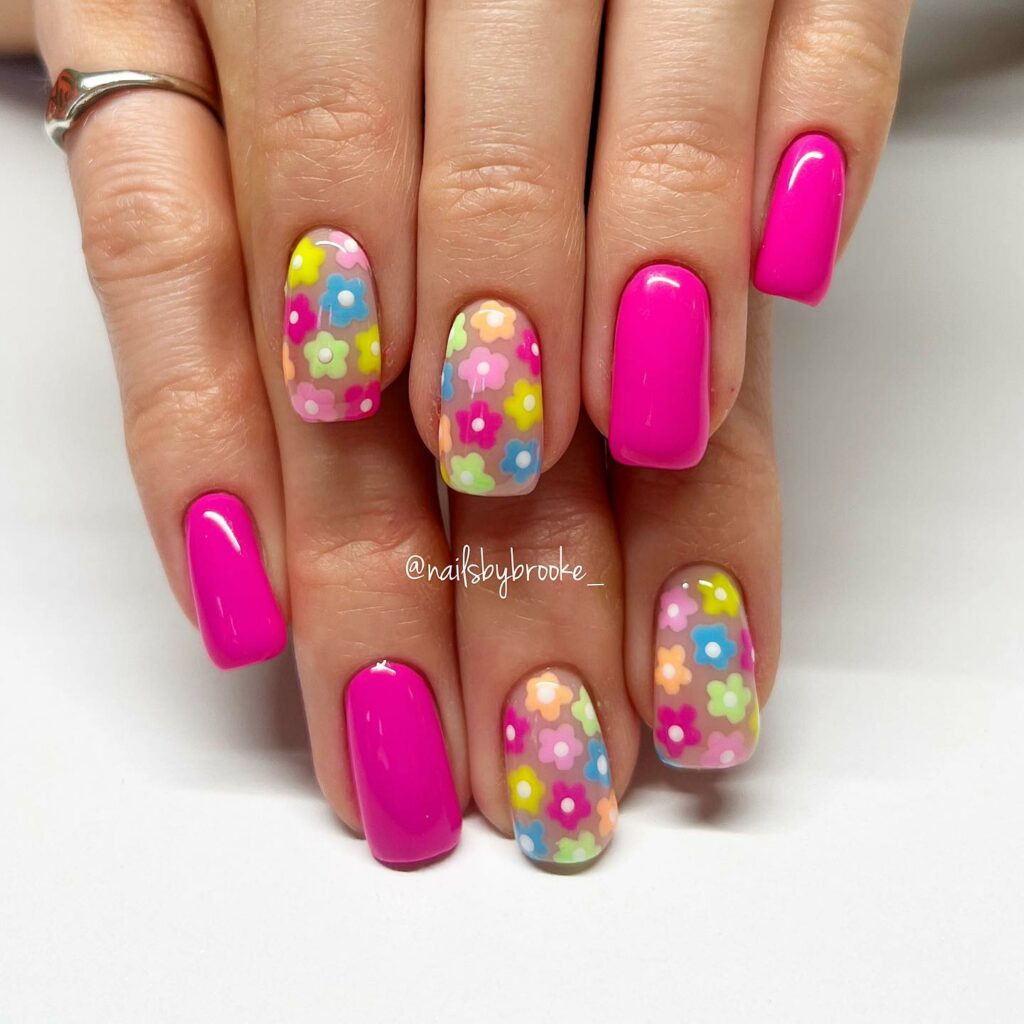 Short Pink Nails with Delicate Floral Accents