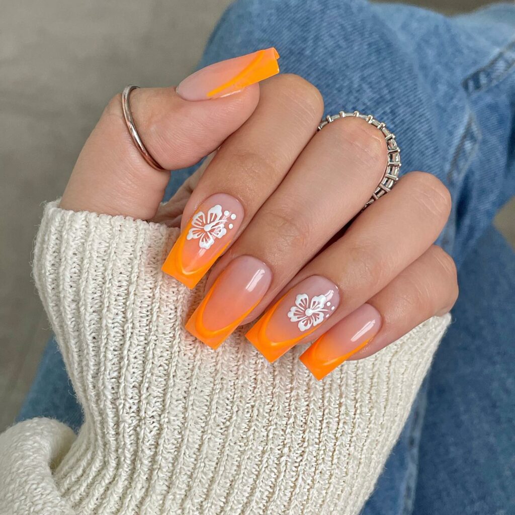 Orange French Tip Square Nails With Flower Design