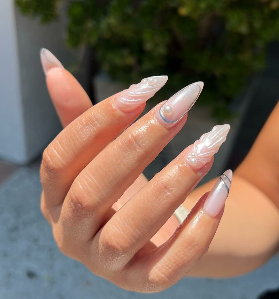 White Pearl Nails With 3D Design