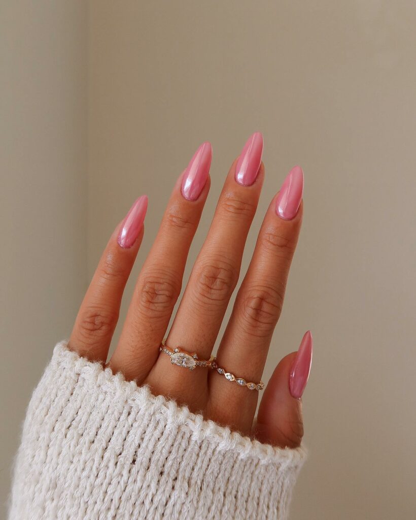 Metallic Pink Almond Nails