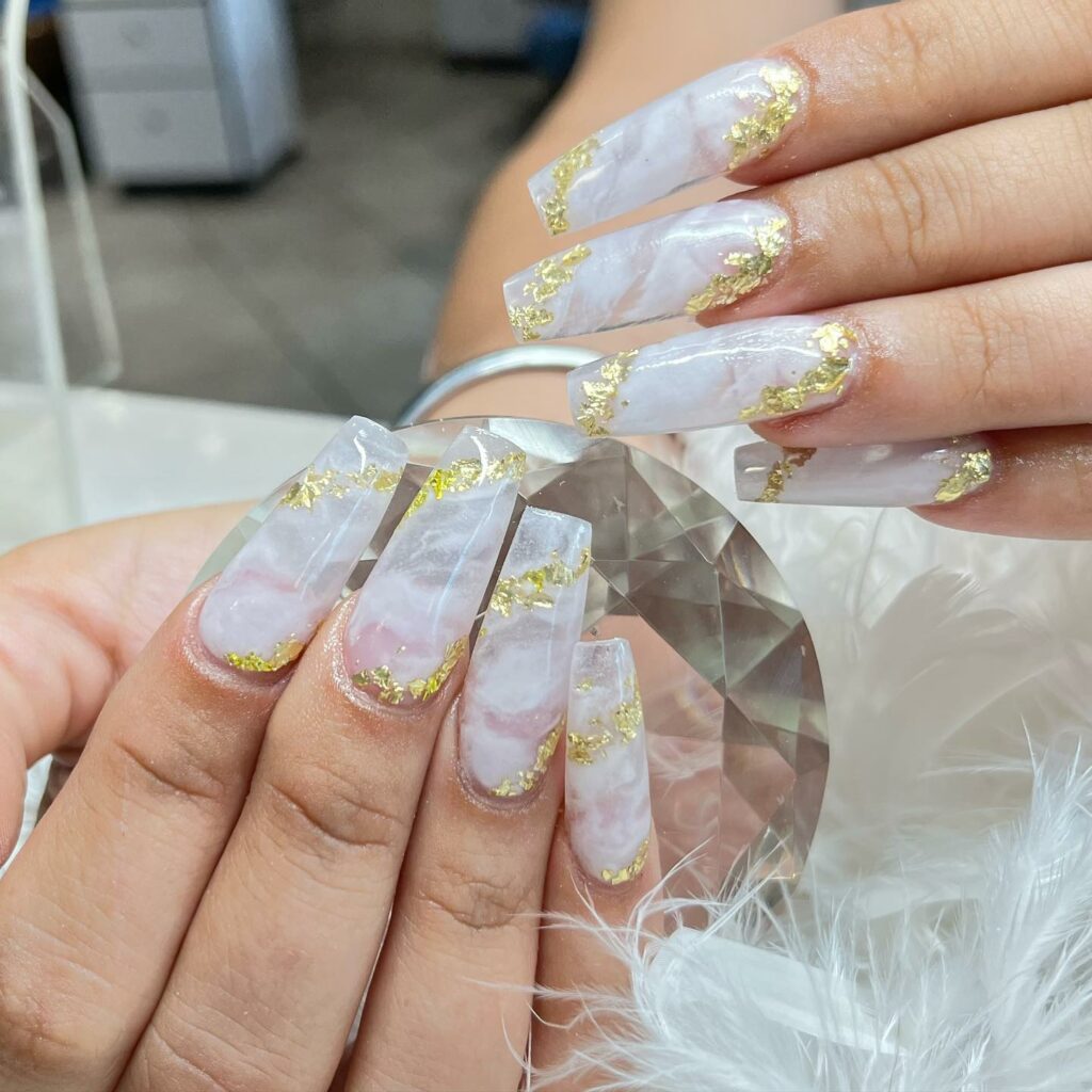 White Marble Acrylic Nails With Gold Flakes