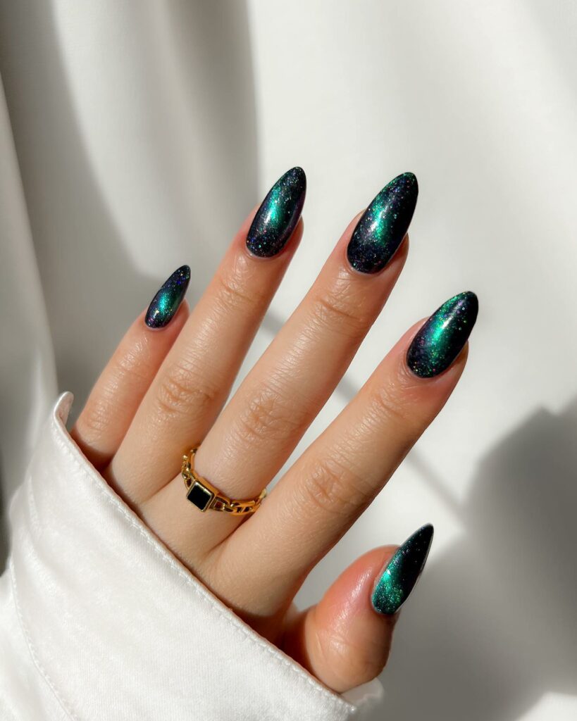 Green And Black Ombre Nails With Glitters