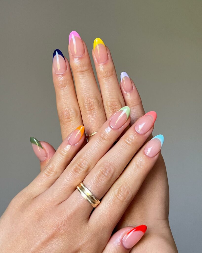 Multi-Colored Almond French Tip Nails