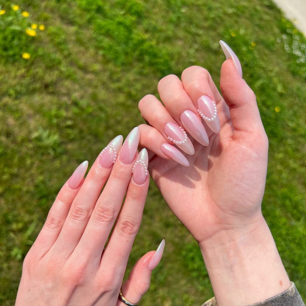 Almond White Pearl Nails With Pearl Stones