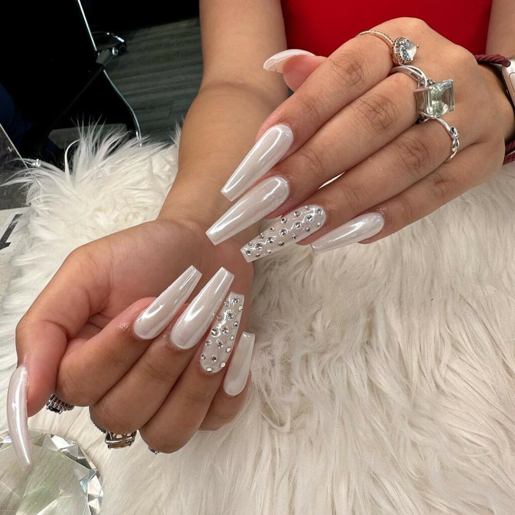 Metallic White Coffin Nail With Rhinestones