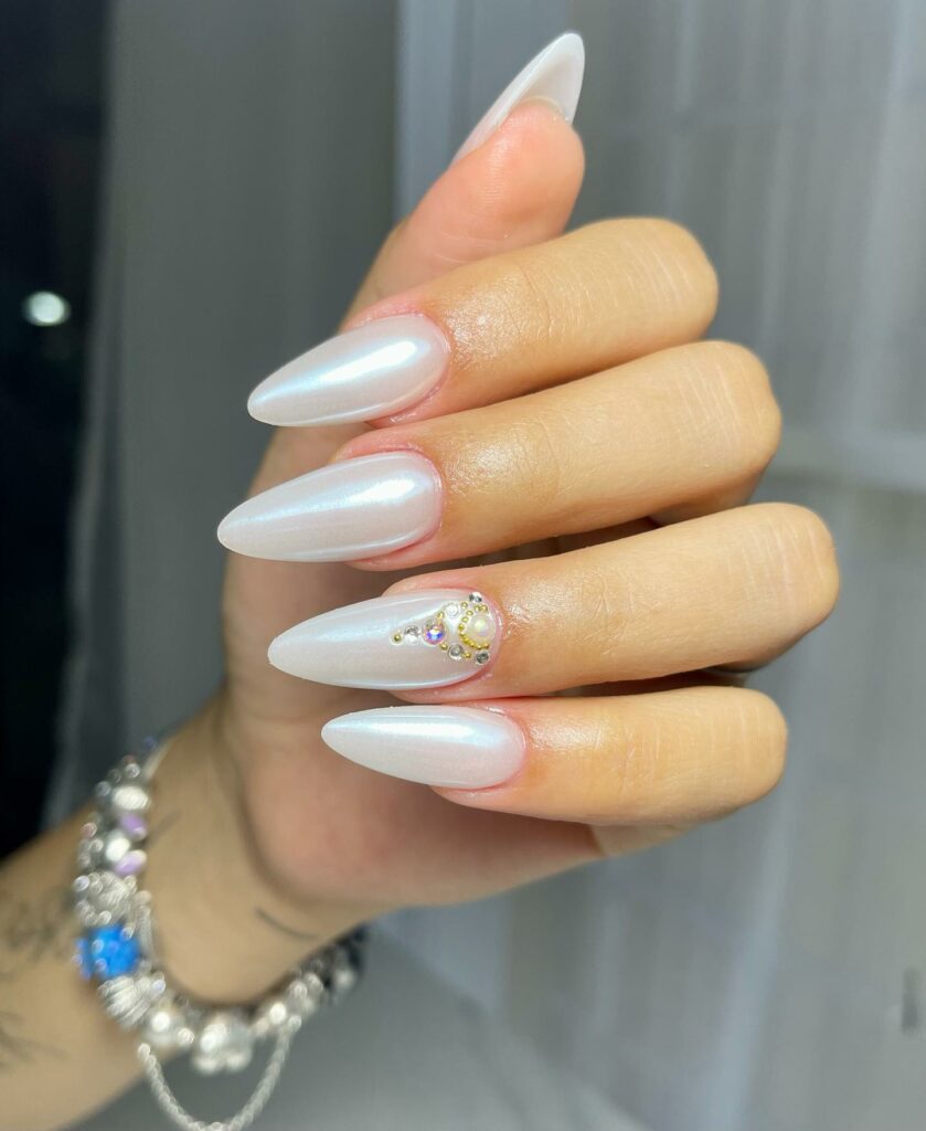 Long Almond Nails With Rhinestones
