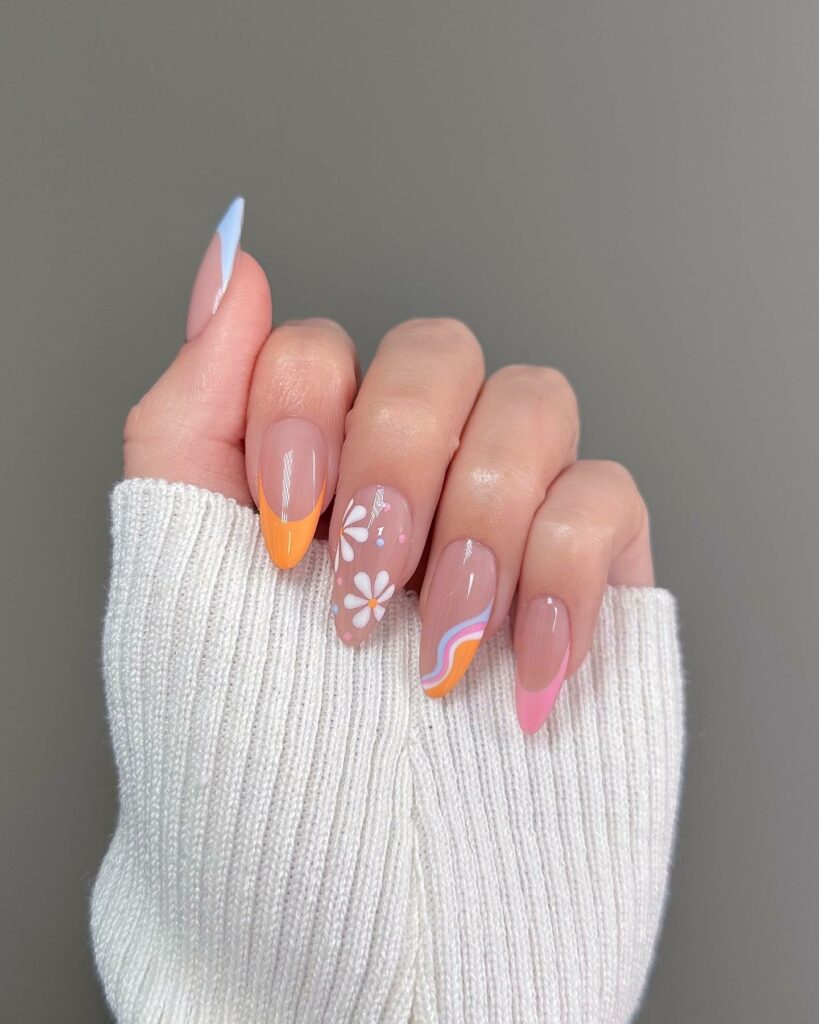 Pink And Orange French Nails With Swirls And Daisy Flower