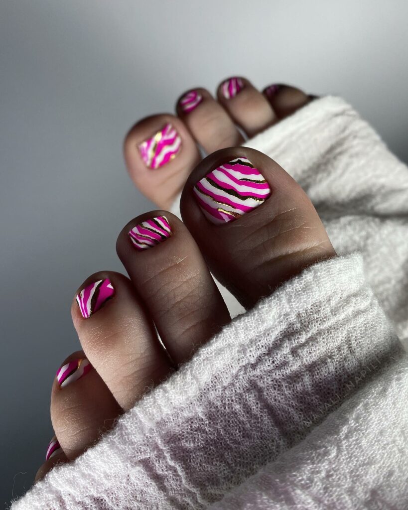 Hot Pink, White And Gold Stripes Pedicure Design