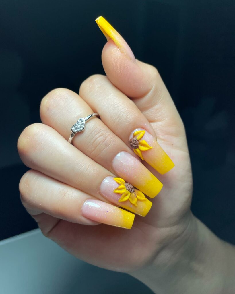 Sunshine Coffin Ombre Nails With 3D Sunflower Design
