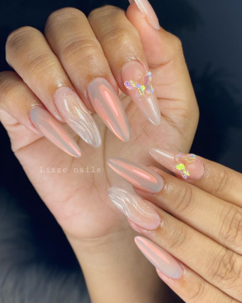 Nude Nails with 3D Butterfly and Swirl