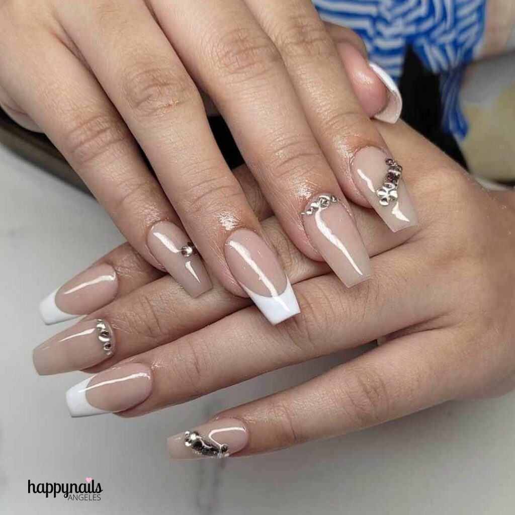 Nude And White French With Rhinestone Design