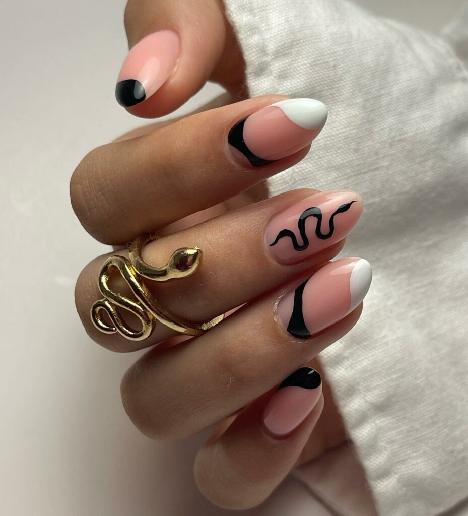 White And Black French Nails With Snake Design
