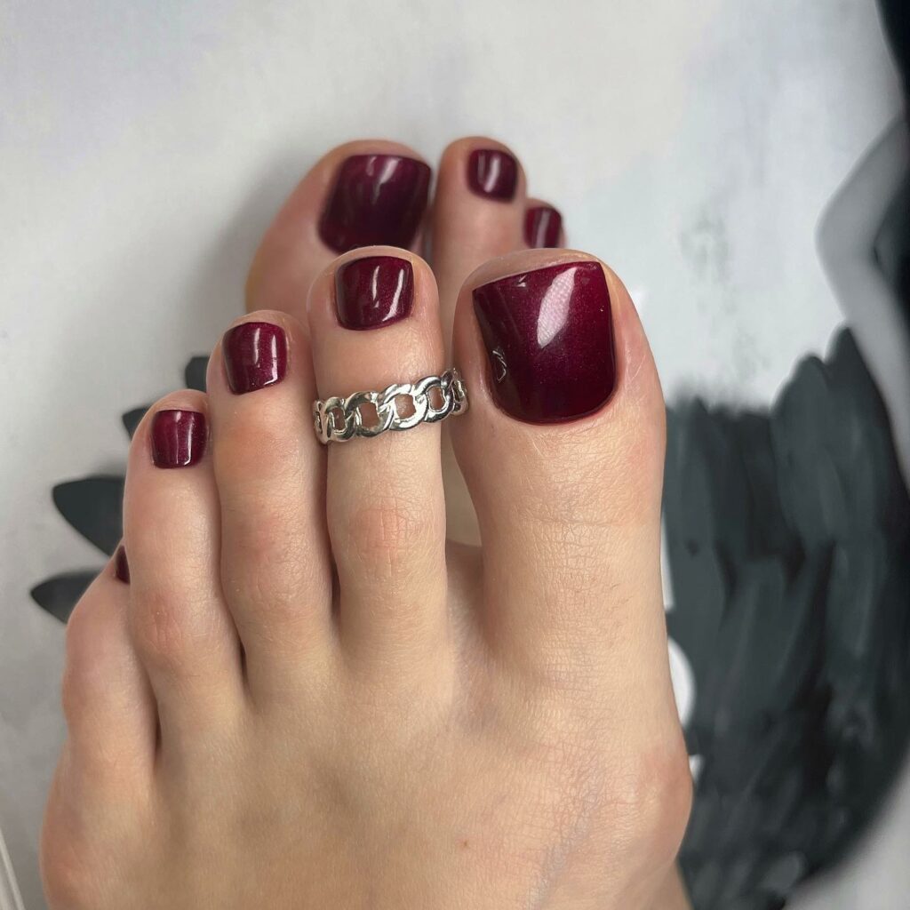 Glossy Burgundy Small Square Nails Pedicure