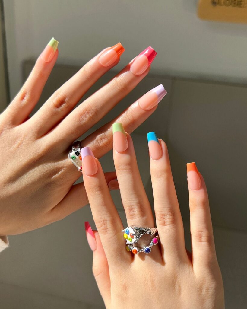 Multi-Colored French Coffin Nails