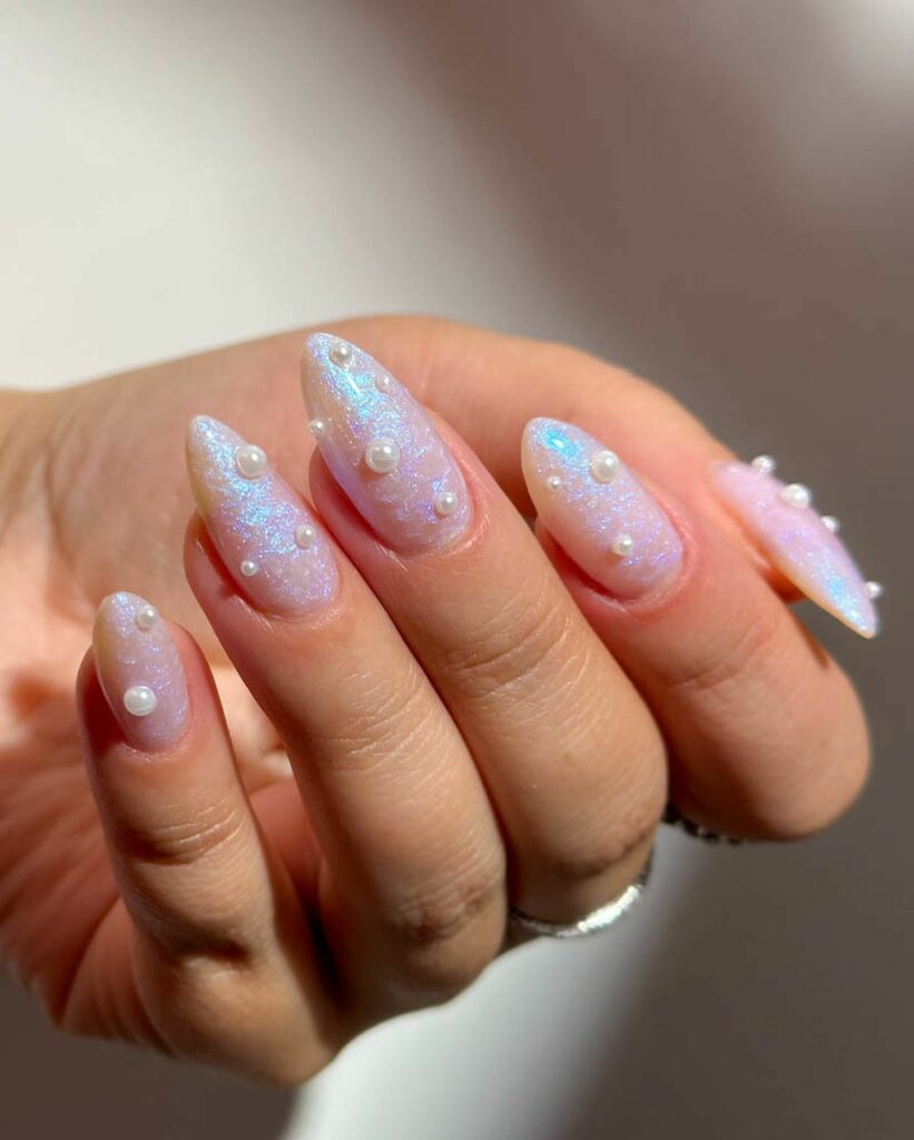 Pearl Nails With Pearl Stone Design