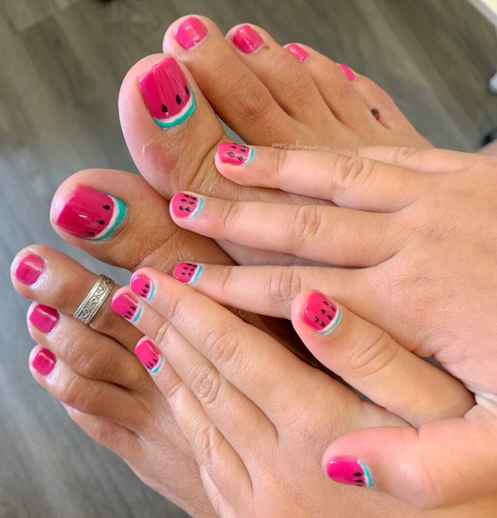 Watermelon Themed Hot Pink Pedicure