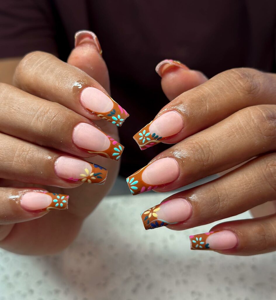 Matte Brown French Tips With Colorful Flowers