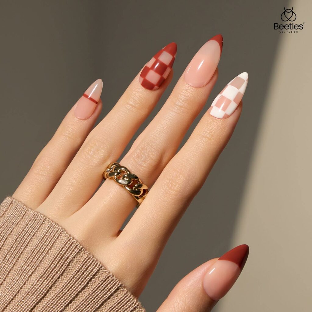 Brown French Nail With Checkered Design