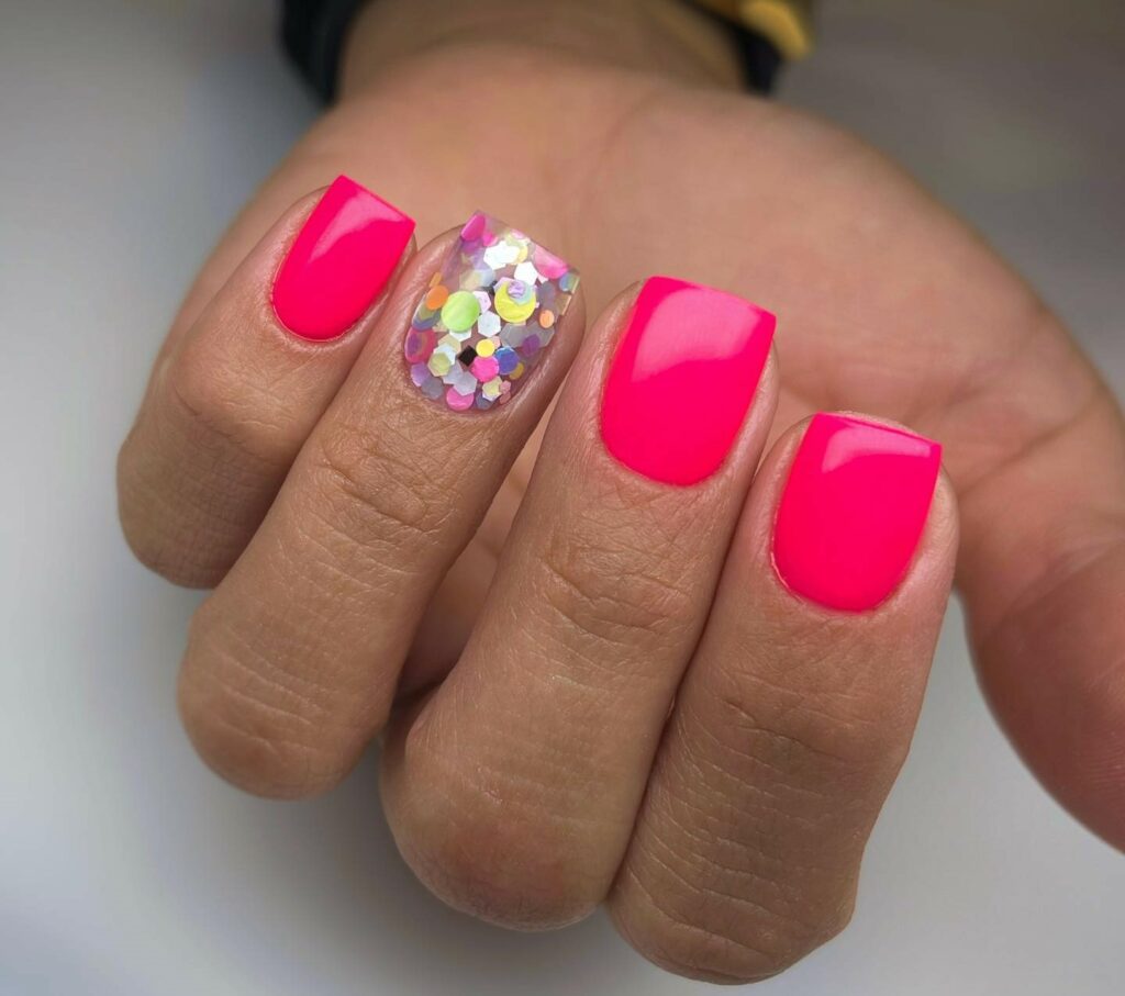 Hot Pink Short Nail With Glitters