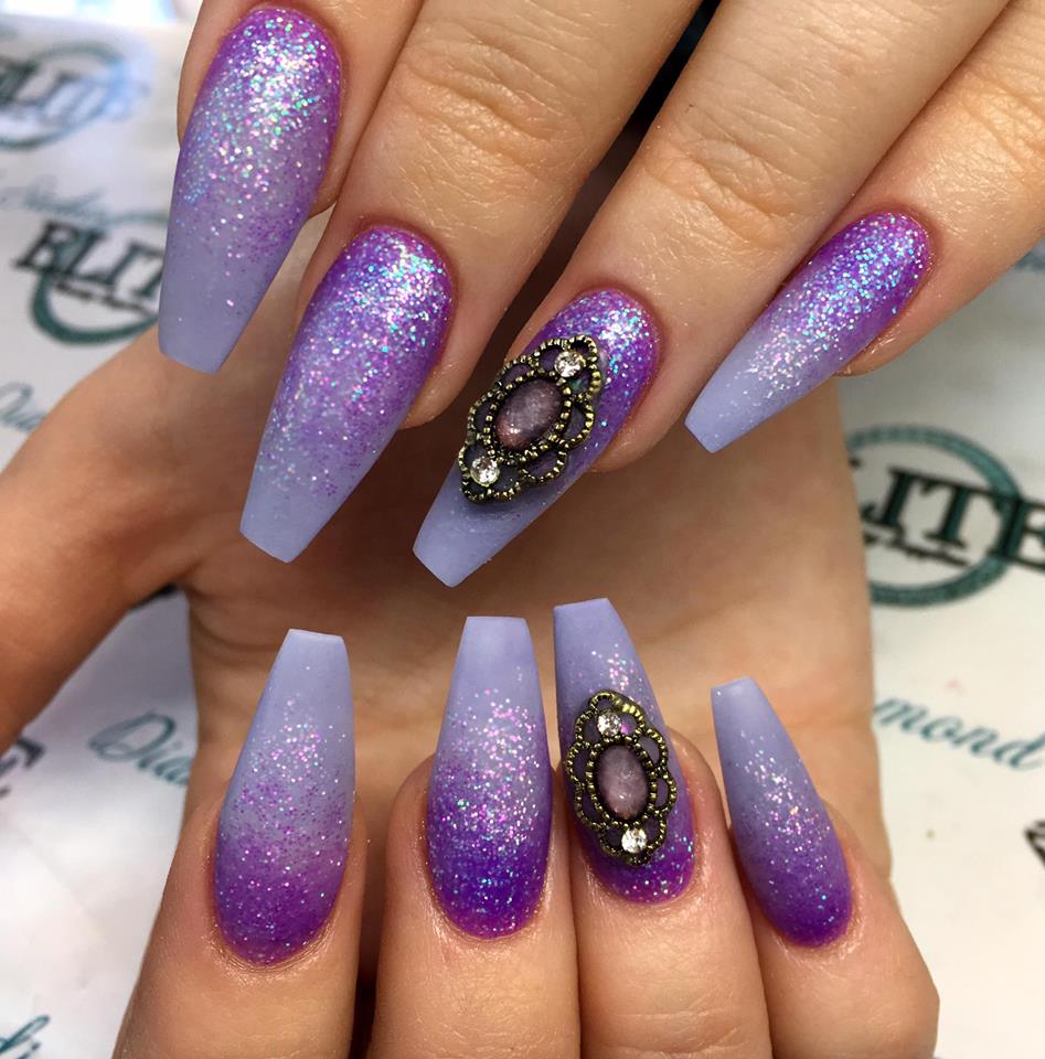 Purple Ombre Coffin Nail With Glitters