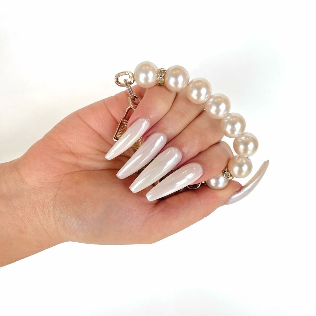 Long Coffin White Pearl Nails