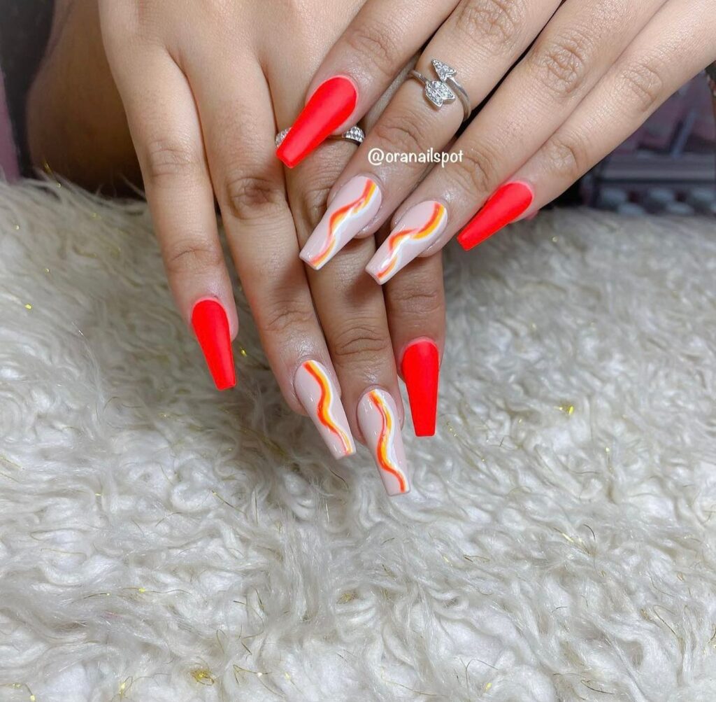 Red Coffin Nails With Swirl