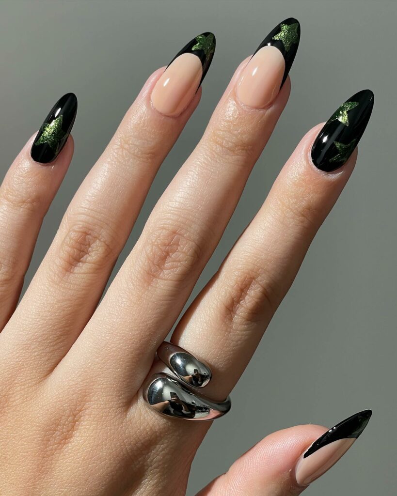 Green And Black Nails With Glittery Star Design