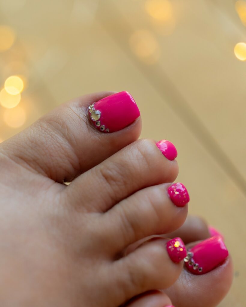 Hot Pink Pedicure With Rhinestones And Glitter