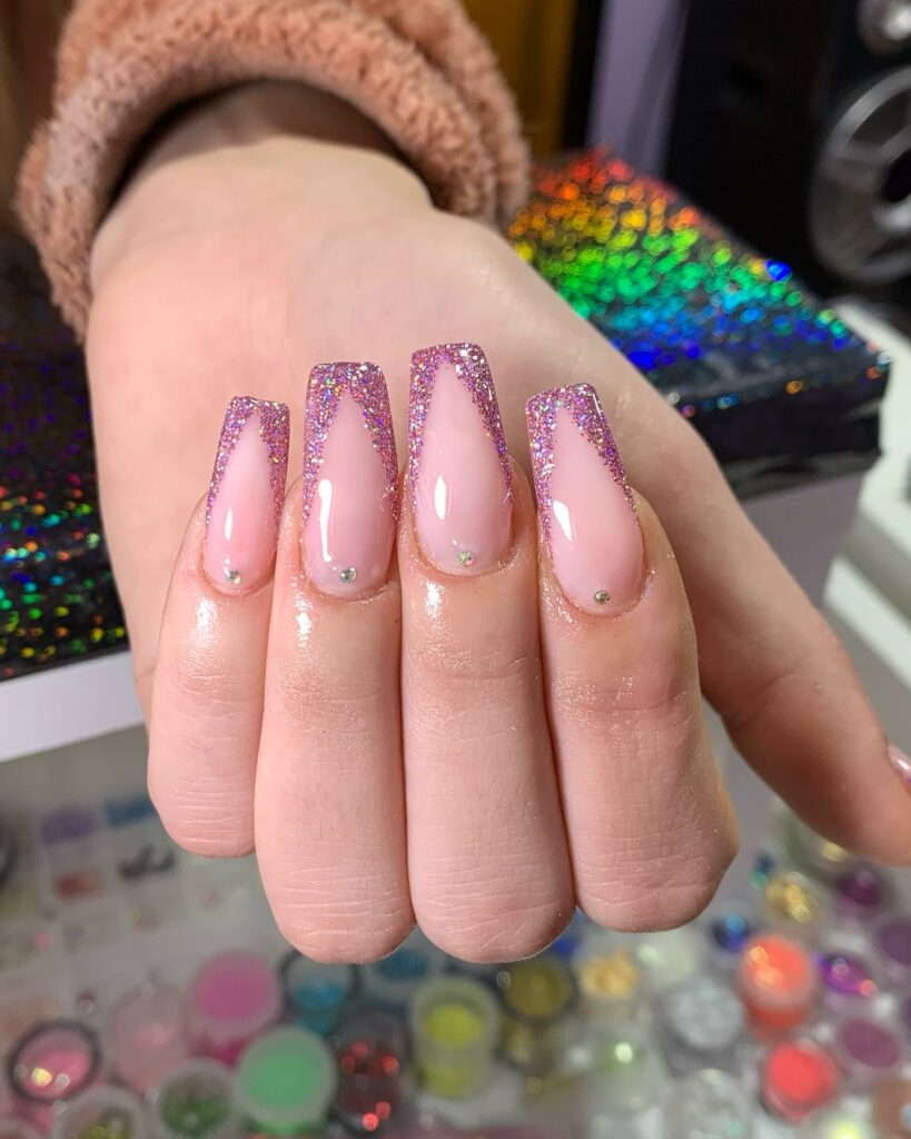 Glittery V French Tips Purple Coffin Nail