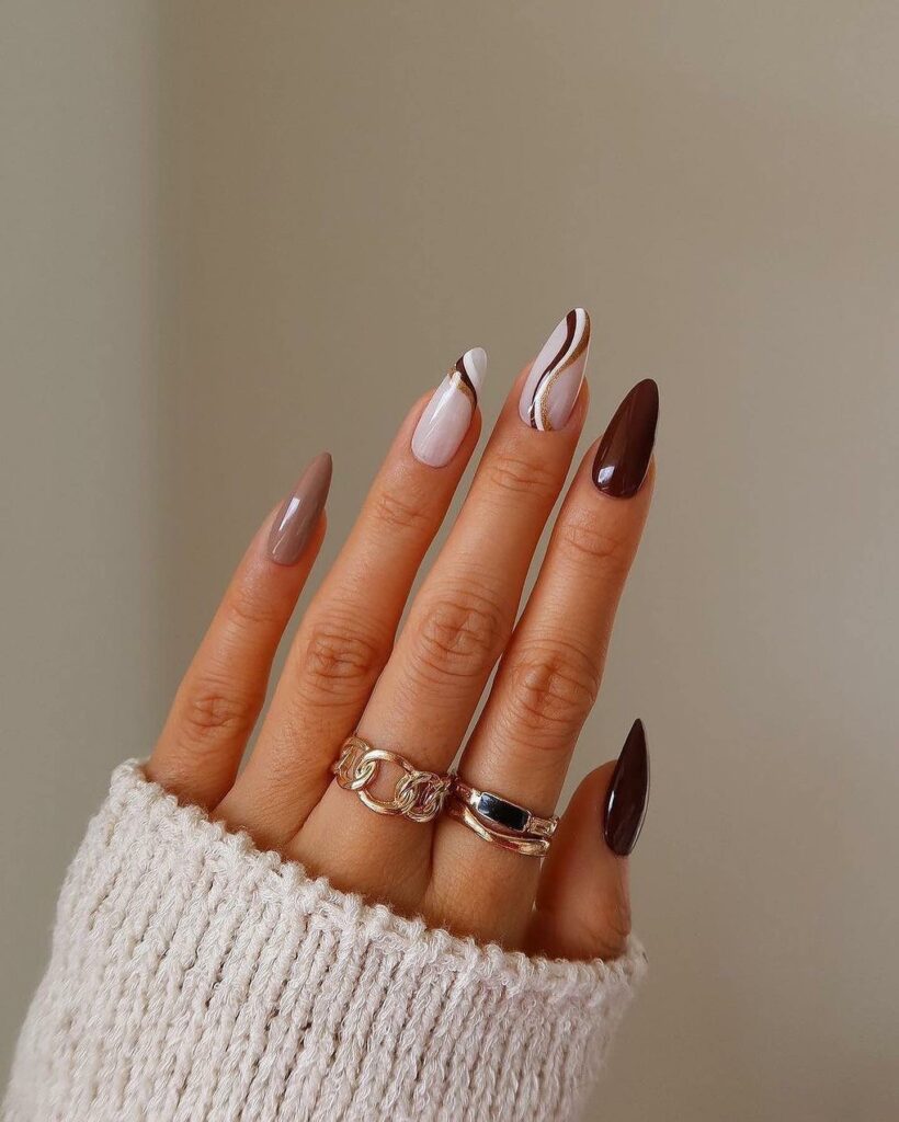 White And Brown Swirl Nails
