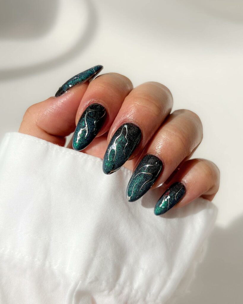 Green And Black Ombre Nails With Glitter And Silver Swirls