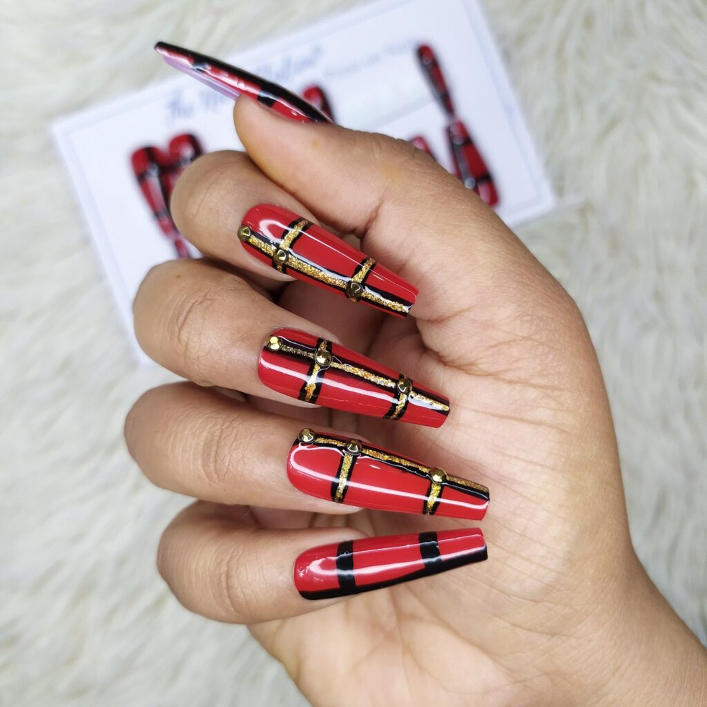 Red Coffin Nail With Checkered Pattern