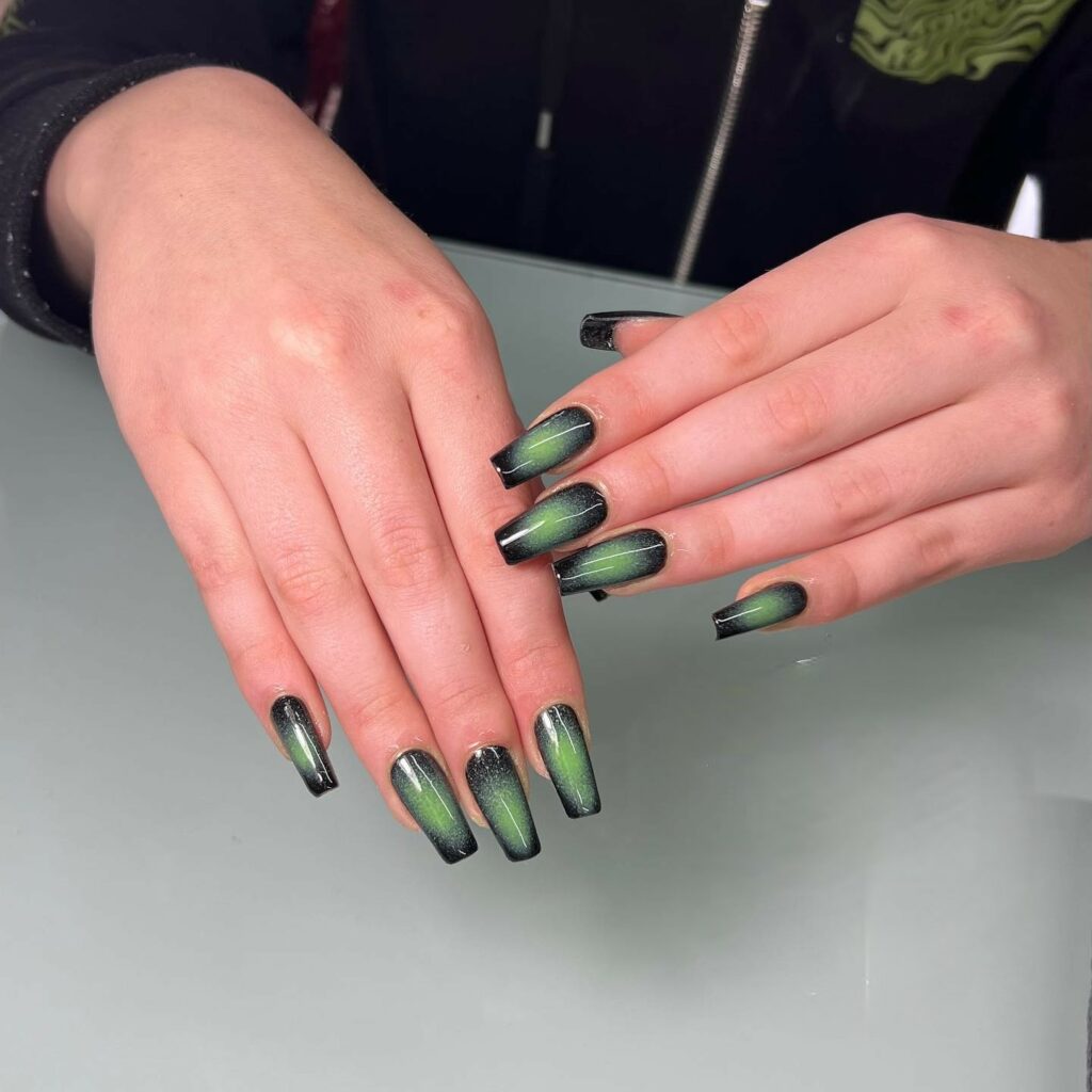 Green And Black Aura Coffin Nails